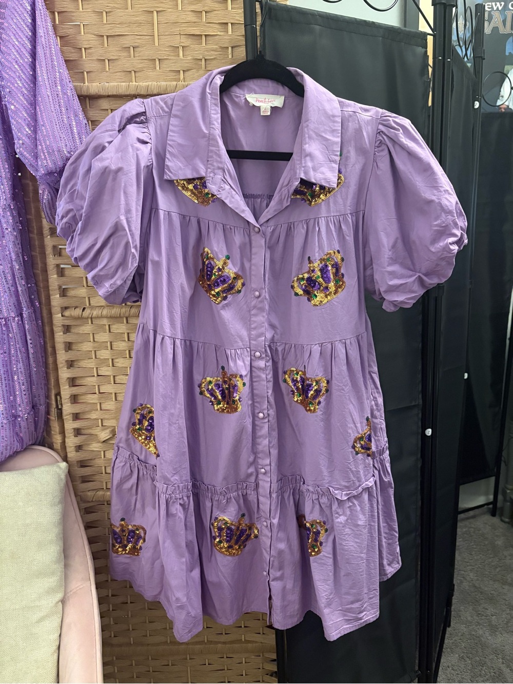 Lavender Embellished Crown Button-Front Dress